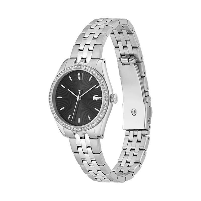 Reloj Lacoste analogo, para Dama, tablero redondo color negro, estilo index + romano, pulso acero color plateado