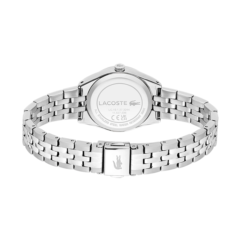 Reloj Lacoste analogo, para Dama, tablero redondo color negro, estilo index + romano, pulso acero color plateado