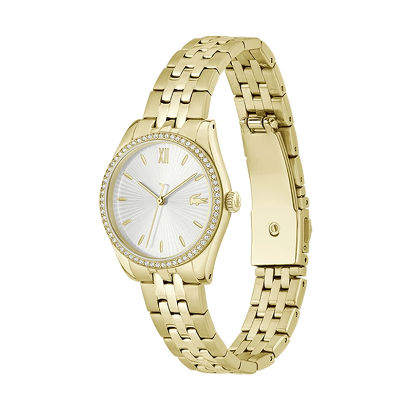 Reloj Lacoste analogo, para Dama, tablero redondo colores dorado y plateado, estilo index + romano, pulso acero color dorado