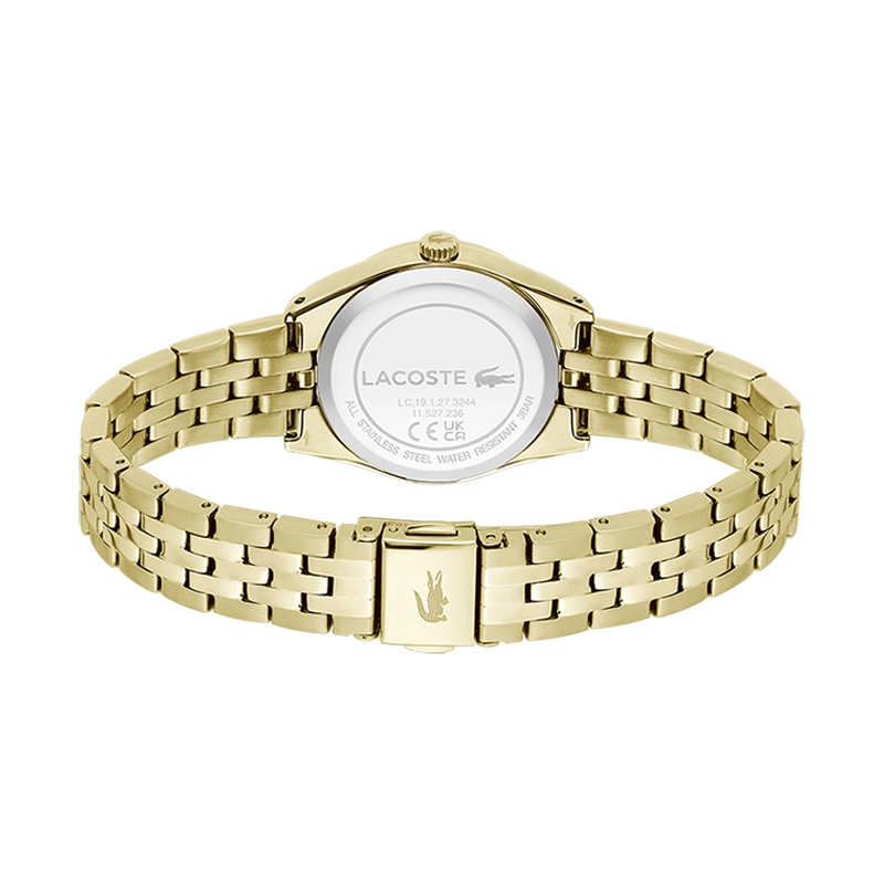 Reloj Lacoste analogo, para Dama, tablero redondo colores dorado y plateado, estilo index + romano, pulso acero color dorado