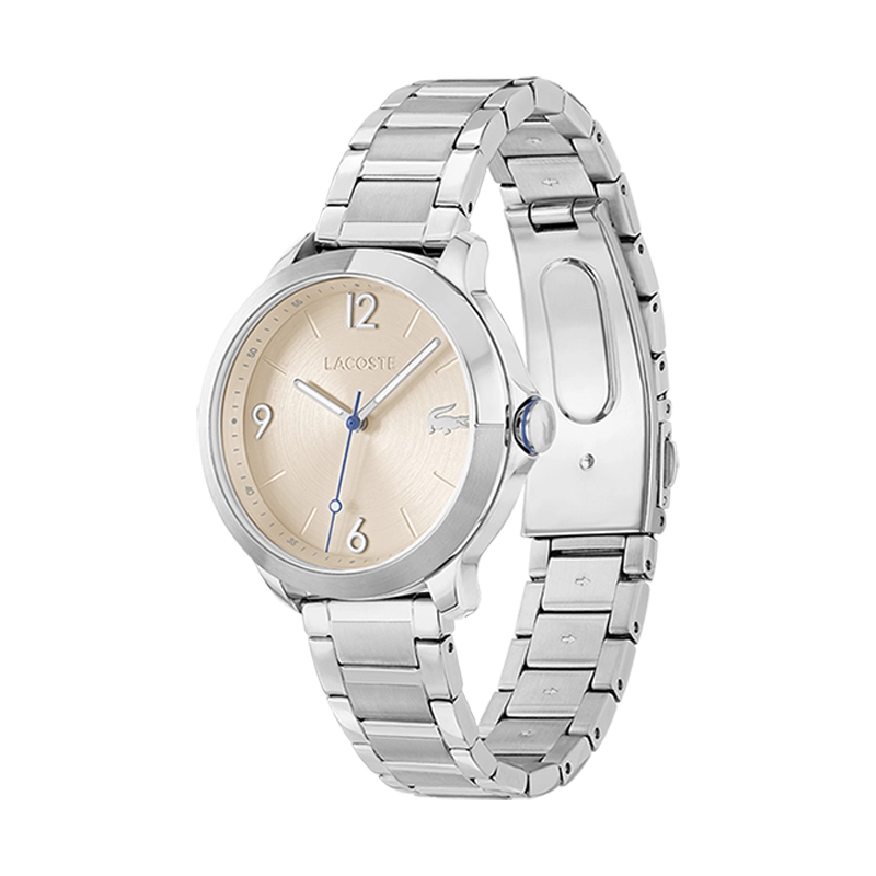 Reloj Lacoste analogo, para Dama, tablero redondo color rosa, estilo index + arabigo, pulso acero color plateado