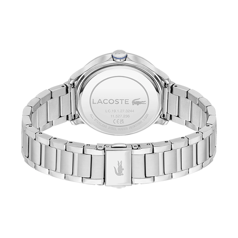 Reloj Lacoste analogo, para Dama, tablero redondo color rosa, estilo index + arabigo, pulso acero color plateado