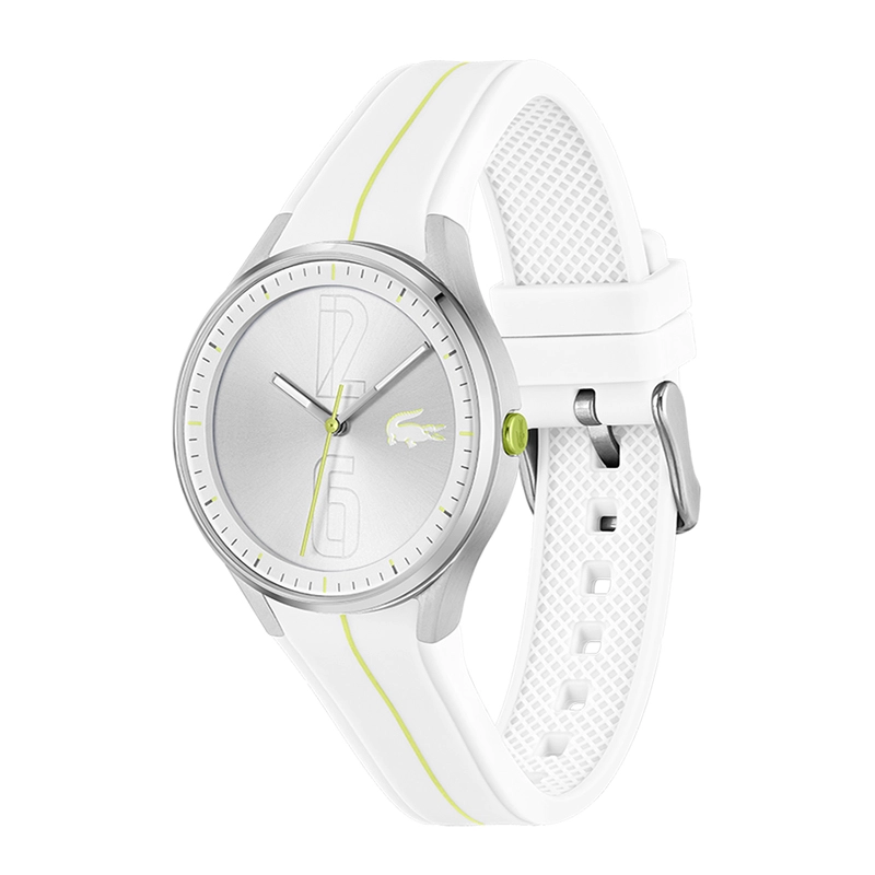 Reloj Lacoste analogo, para Dama, tablero redondo, estilo index + arabigo, pulso silicona