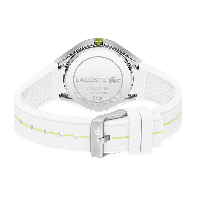 Reloj Lacoste analogo, para Dama, tablero redondo, estilo index + arabigo, pulso silicona
