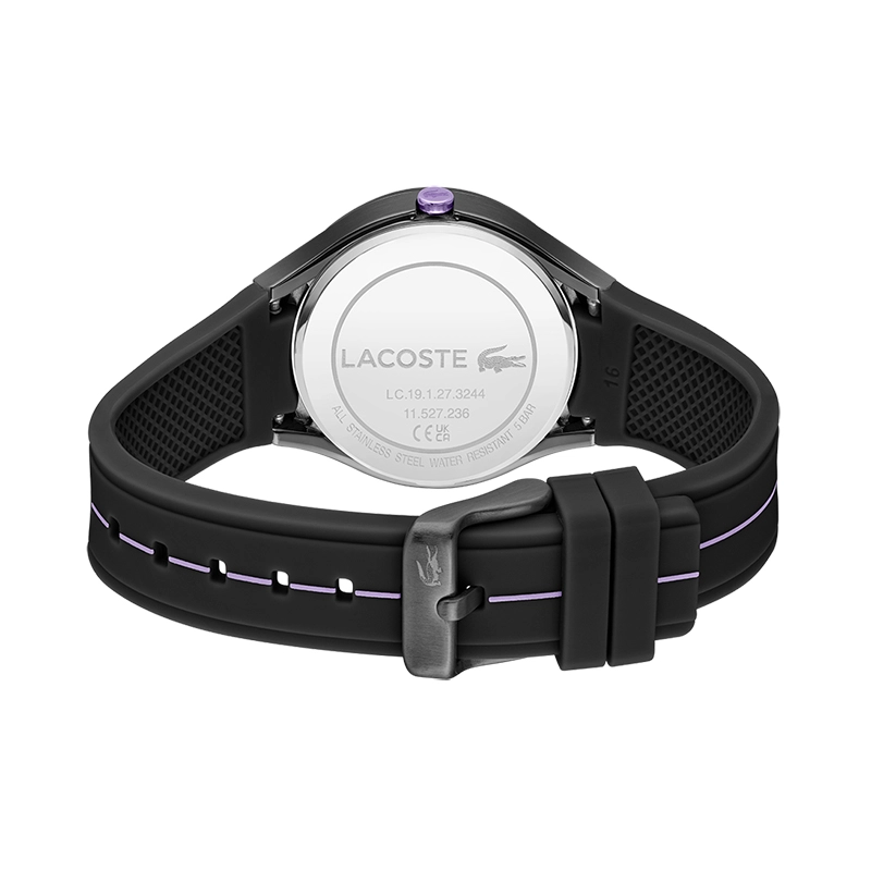 Reloj Lacoste analogo, para Dama, tablero redondo, estilo index + arabigo, pulso silicona