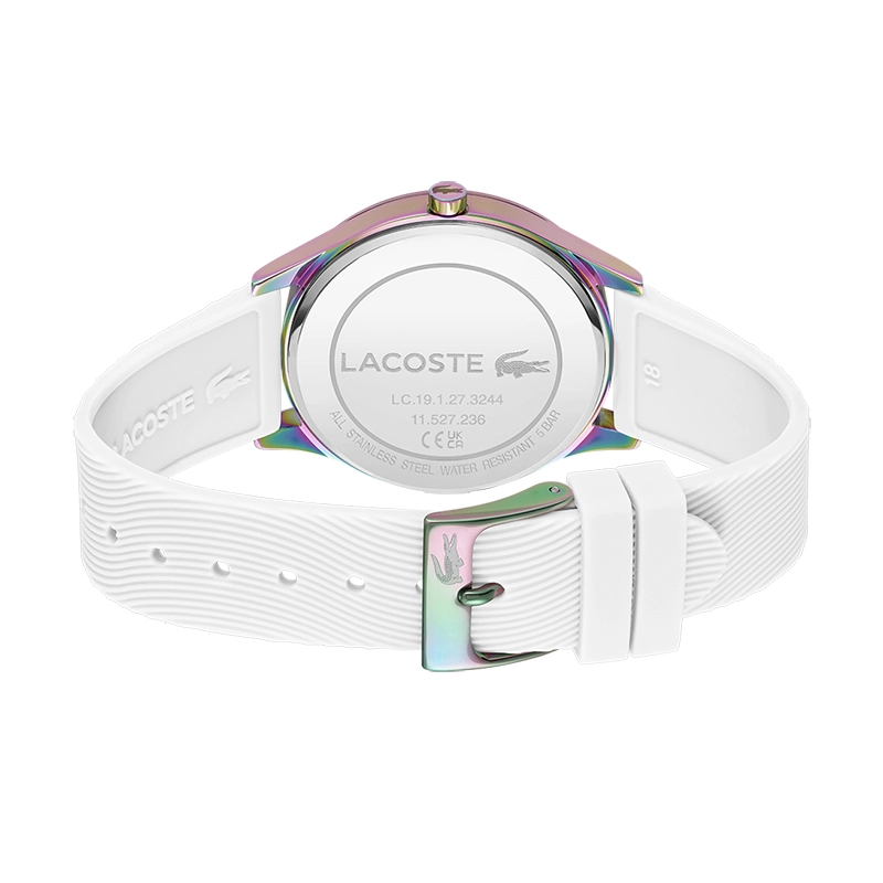 Reloj Lacoste analogo, para Dama, tablero redondo, estilo sin numeros, pulso silicona