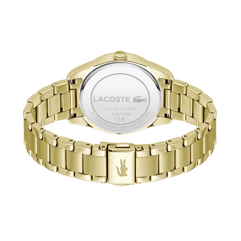 Reloj Lacoste analogo, para Dama, tablero redondo, estilo index + puntos, pulso acero