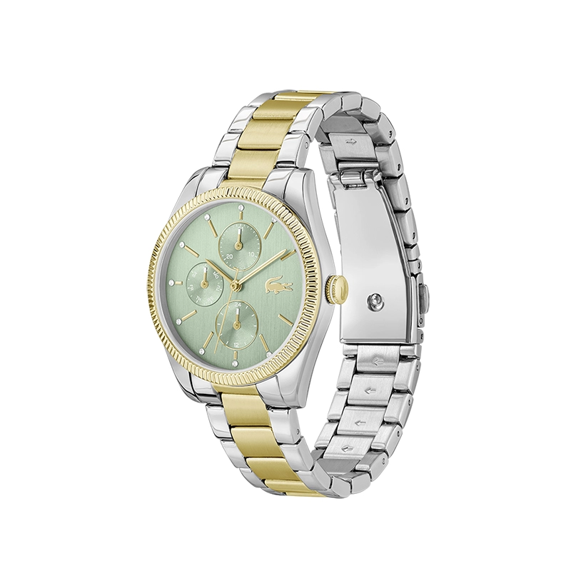 Reloj Lacoste analogo, para Dama, tablero redondo, estilo index + puntos, pulso acero