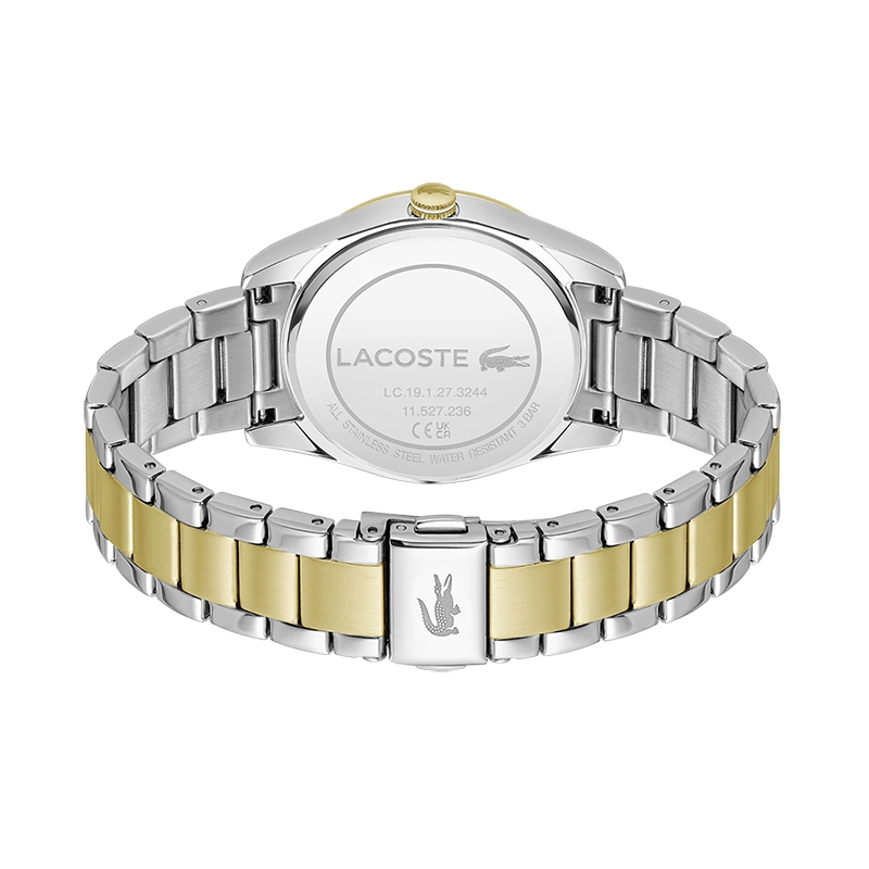 Reloj Lacoste analogo, para Dama, tablero redondo, estilo index + puntos, pulso acero