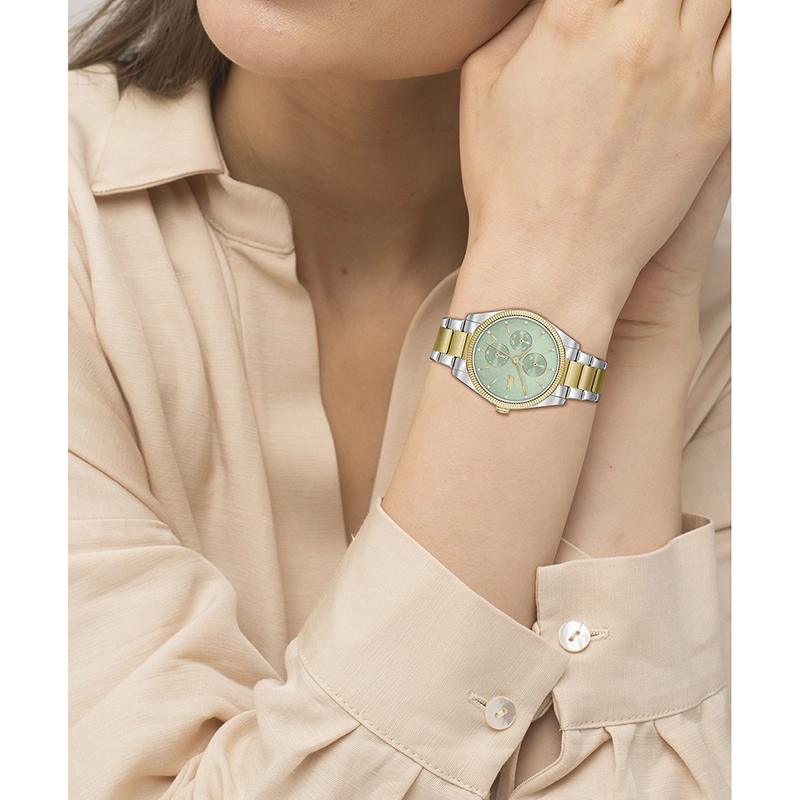 Reloj Lacoste analogo, para Dama, tablero redondo, estilo index + puntos, pulso acero