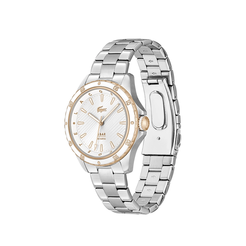Reloj Lacoste analogo, para Dama, tablero redondo, estilo index, pulso acero