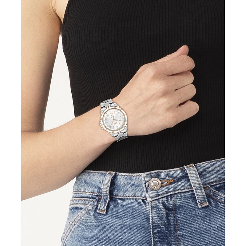 Reloj Lacoste analogo, para Dama, tablero redondo, estilo index, pulso acero