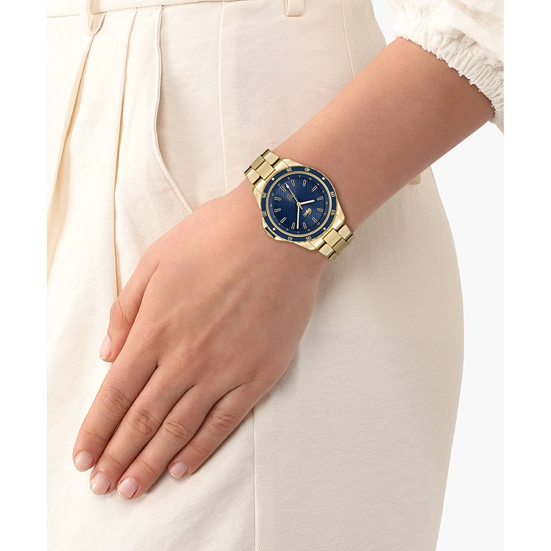 Reloj Lacoste analogo, para Dama, tablero redondo, estilo index, pulso acero