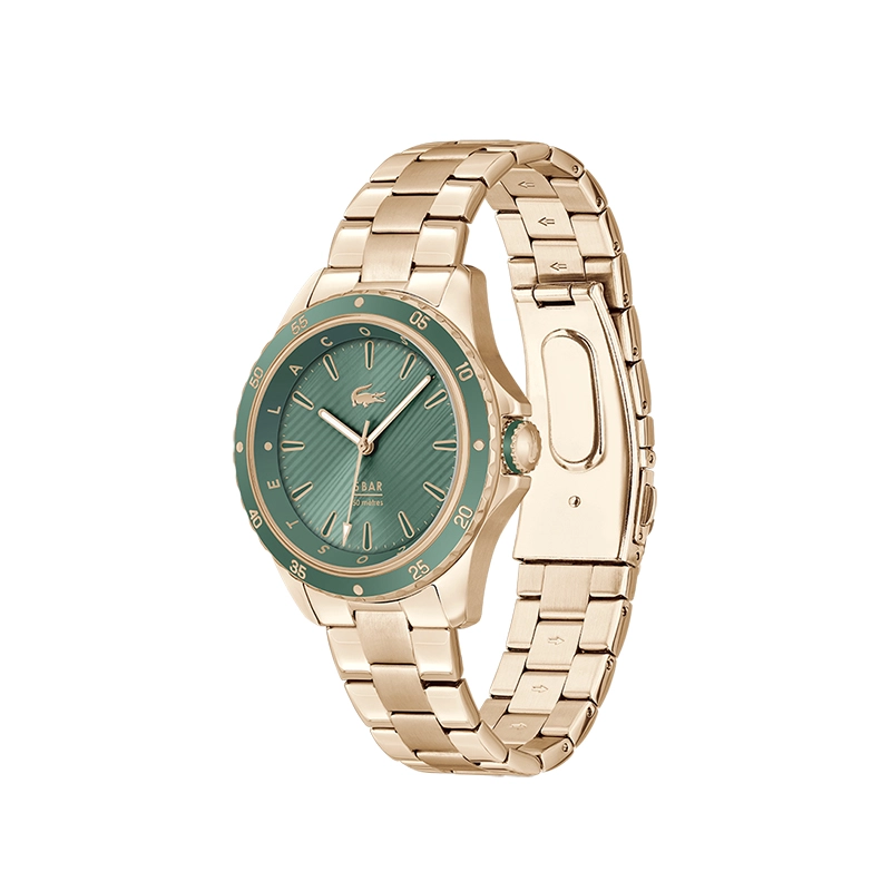 Reloj Lacoste analogo, para Dama, tablero redondo colores verde y rosa, estilo index, pulso acero color rosa