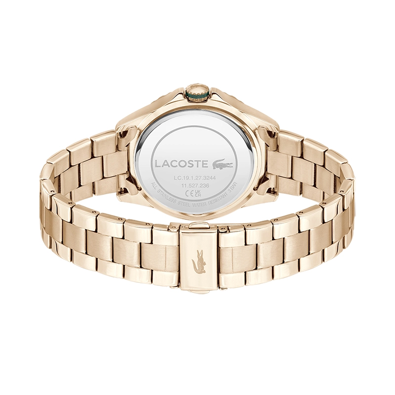 Reloj Lacoste analogo, para Dama, tablero redondo colores verde y rosa, estilo index, pulso acero color rosa
