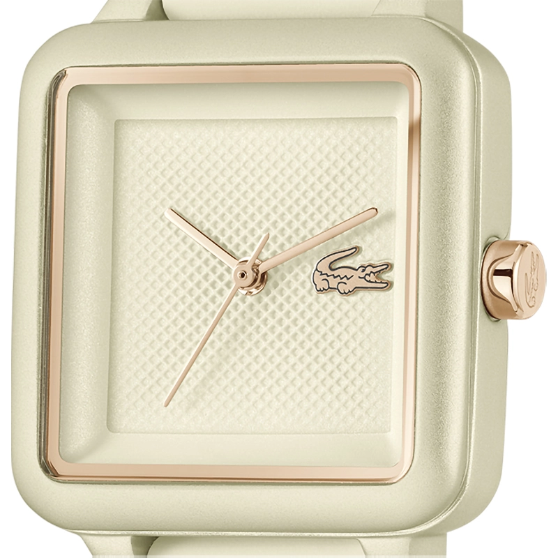 Reloj Lacoste análogo, para Dama, tablero cuadrado color beige, estilo sin números, pulso silicona color beige