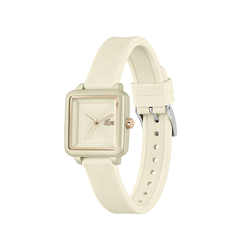 Reloj Lacoste análogo, para Dama, tablero cuadrado color beige, estilo sin números, pulso silicona color beige