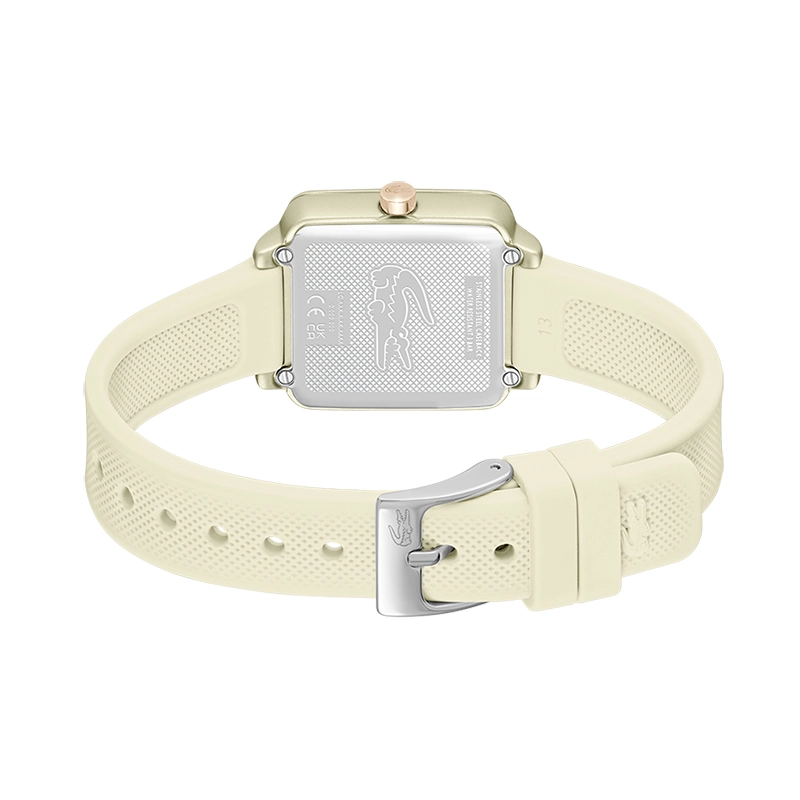 Reloj Lacoste análogo, para Dama, tablero cuadrado color beige, estilo sin números, pulso silicona color beige