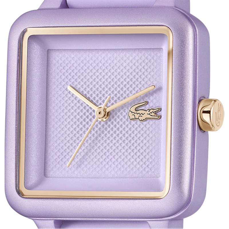 Reloj Lacoste analogo, para Dama, tablero cuadrado colores morado y rosa, estilo sin numeros, pulso silicona color morado