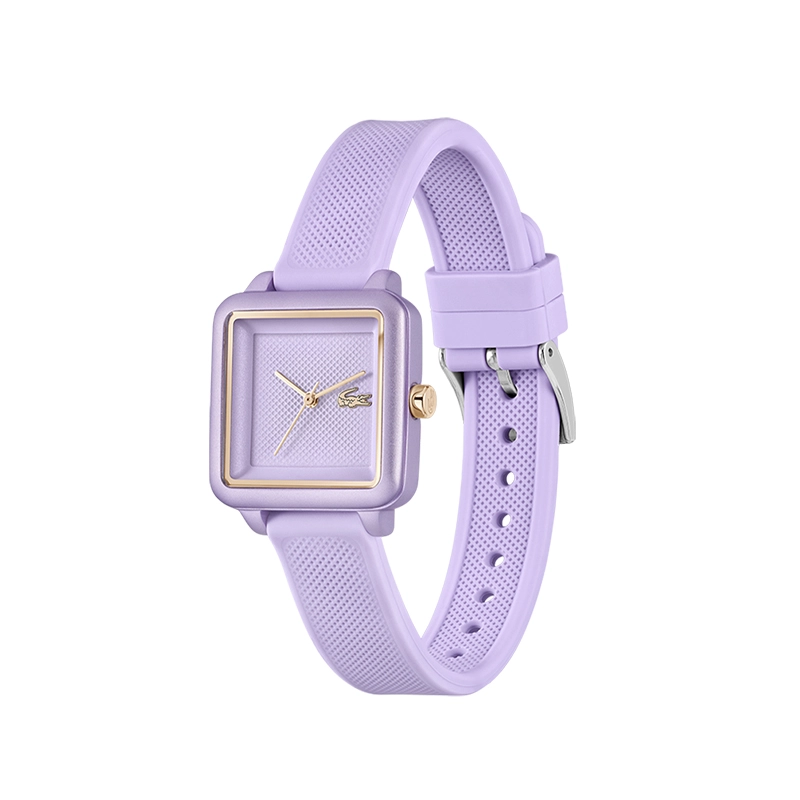 Reloj Lacoste analogo, para Dama, tablero cuadrado colores morado y rosa, estilo sin numeros, pulso silicona color morado