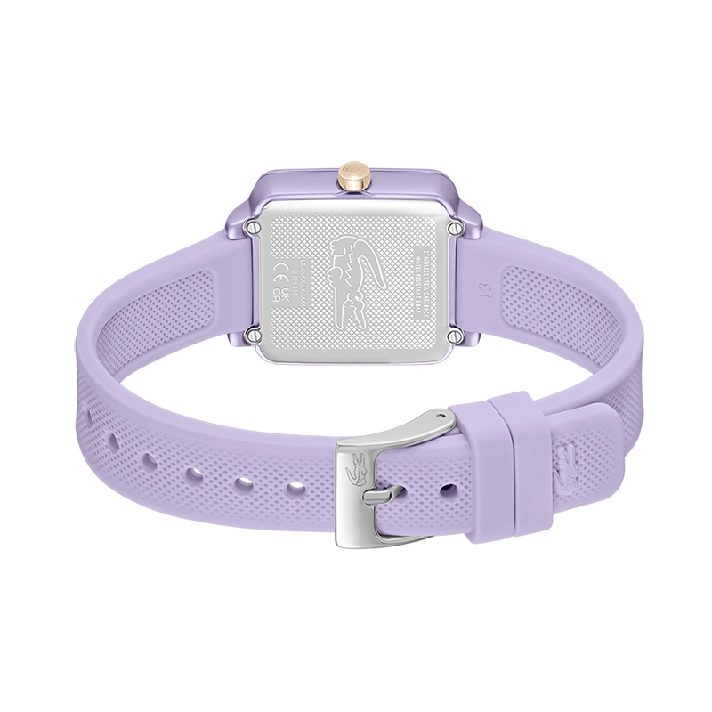 Reloj Lacoste analogo, para Dama, tablero cuadrado colores morado y rosa, estilo sin numeros, pulso silicona color morado