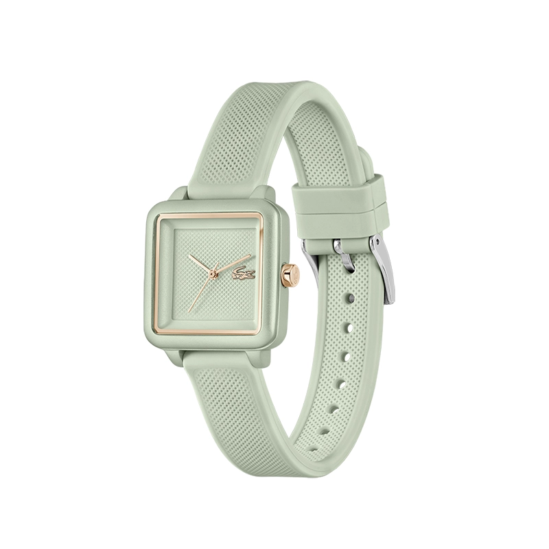 Reloj Lacoste analogo, para Dama, tablero cuadrado colores verde y rosa, estilo sin numeros, pulso silicona color verde