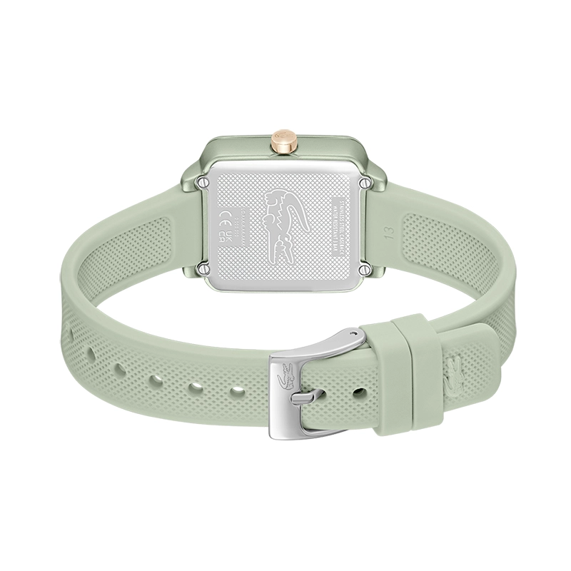 Reloj Lacoste analogo, para Dama, tablero cuadrado colores verde y rosa, estilo sin numeros, pulso silicona color verde
