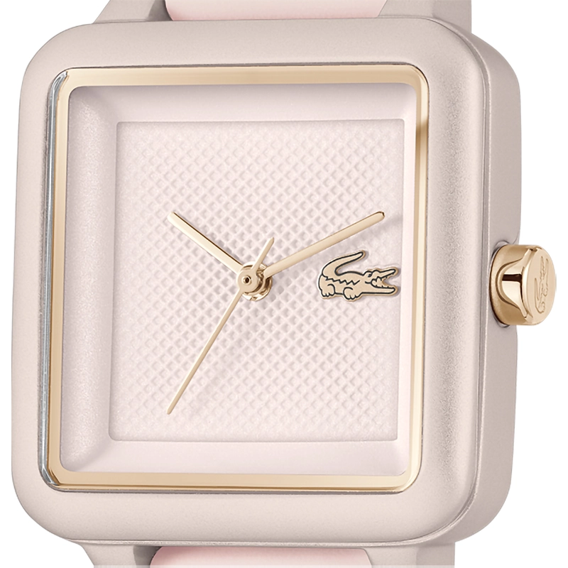 Reloj Lacoste analogo, para Dama, tablero cuadrado colores rosado y rosa, estilo sin numeros, pulso silicona color rosado