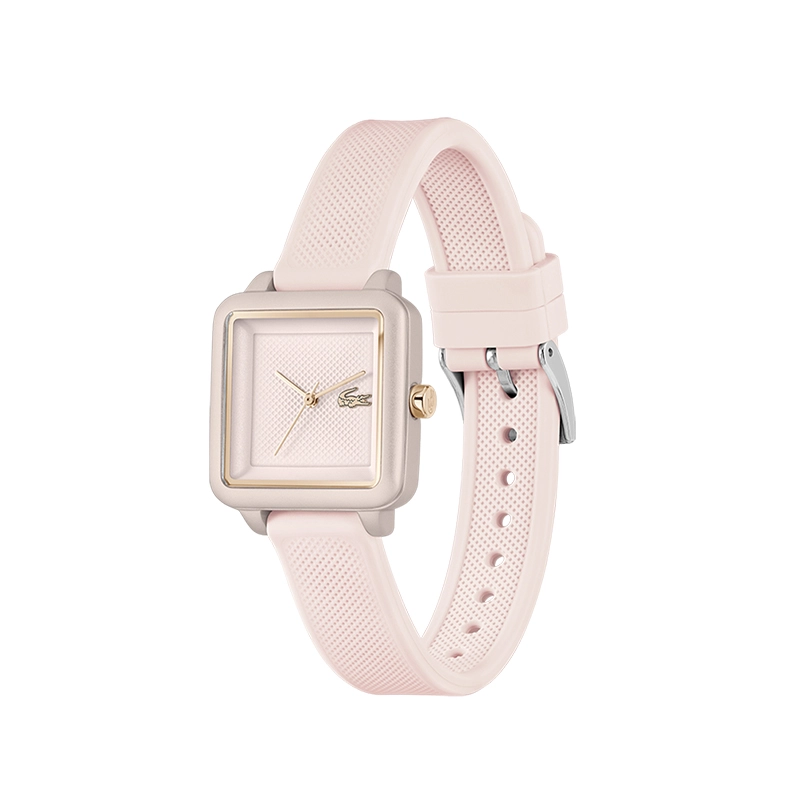 Reloj Lacoste analogo, para Dama, tablero cuadrado colores rosado y rosa, estilo sin numeros, pulso silicona color rosado