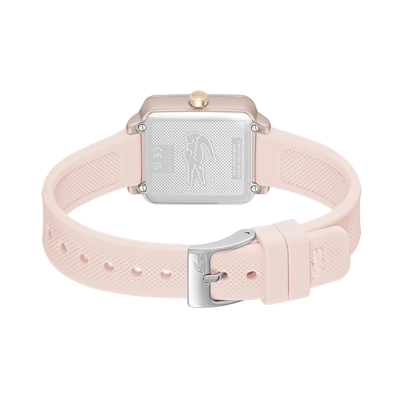 Reloj Lacoste analogo, para Dama, tablero cuadrado colores rosado y rosa, estilo sin numeros, pulso silicona color rosado