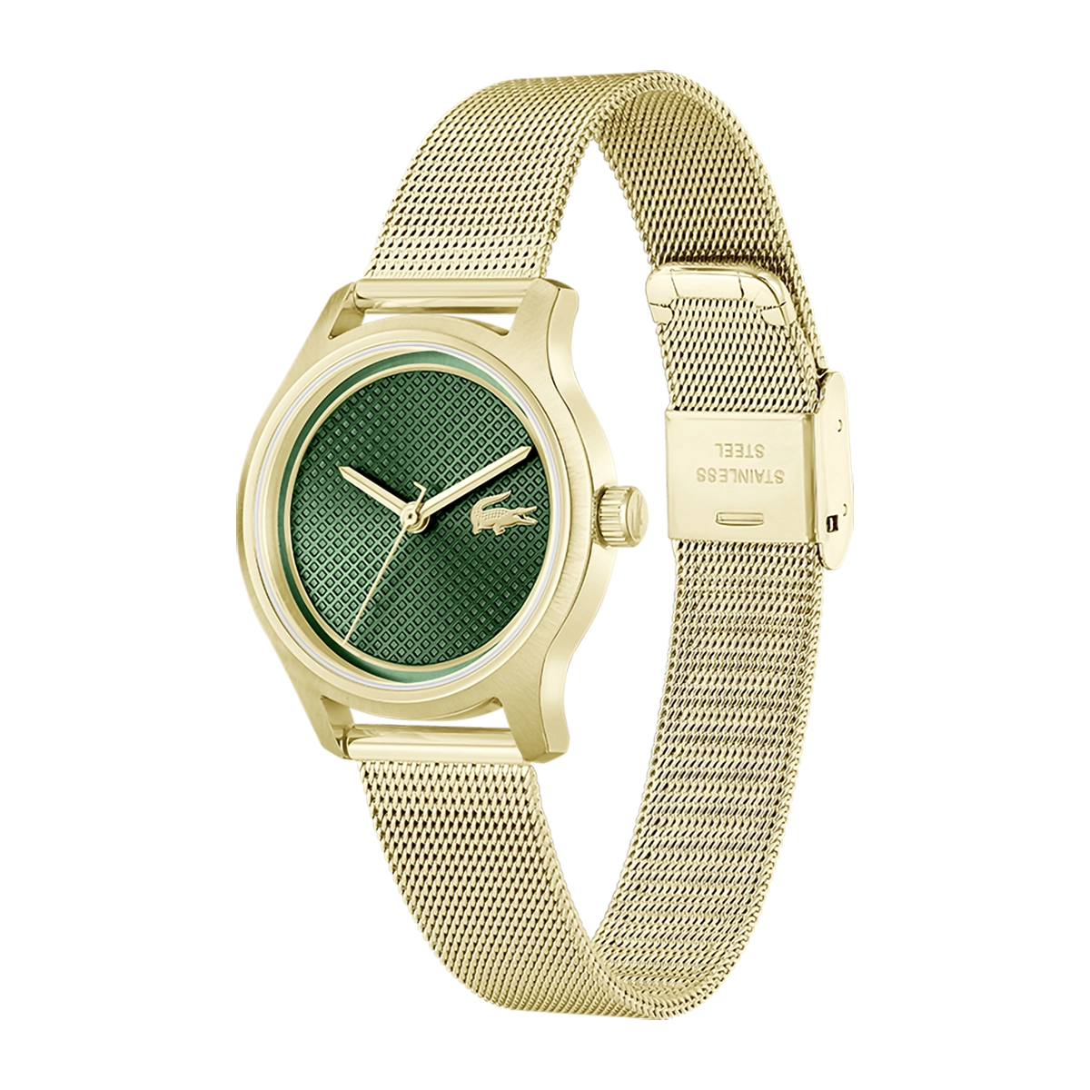 Reloj Lacoste analogo, para Dama, tablero redondo color verde, estilo sin numeros, pulso acero color dorado