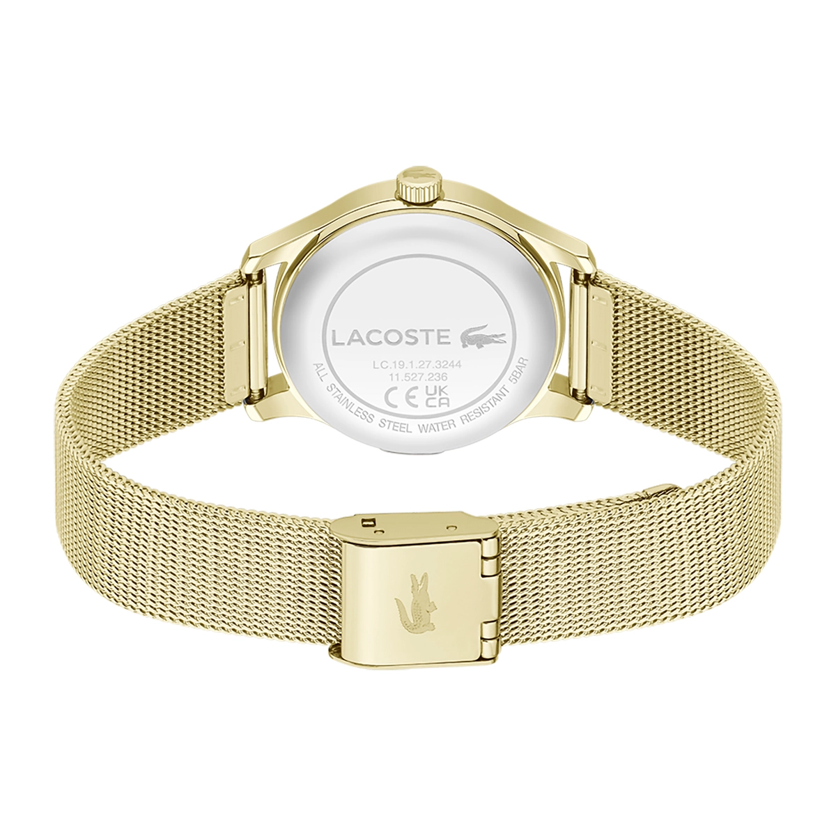 Reloj Lacoste analogo, para Dama, tablero redondo color verde, estilo sin numeros, pulso acero color dorado