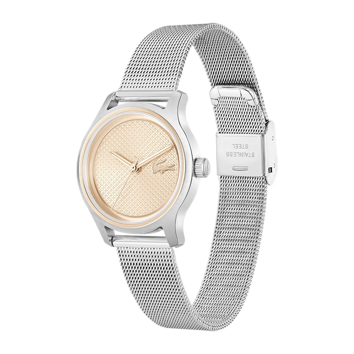 Reloj Lacoste analogo, para Dama, tablero redondo color rosa, estilo sin numeros, pulso acero color plateado