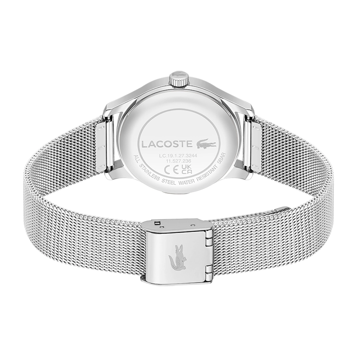 Reloj Lacoste analogo, para Dama, tablero redondo color rosa, estilo sin numeros, pulso acero color plateado