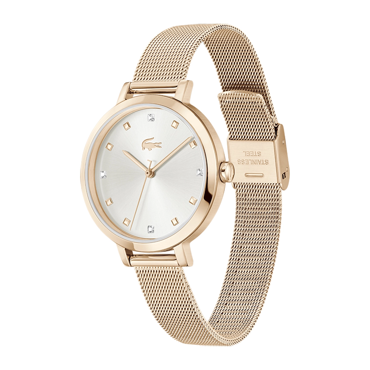 Reloj Lacoste análogo, para Dama, tablero redondo colores plateado y rosa, estilo puntos, pulso acero color rosa