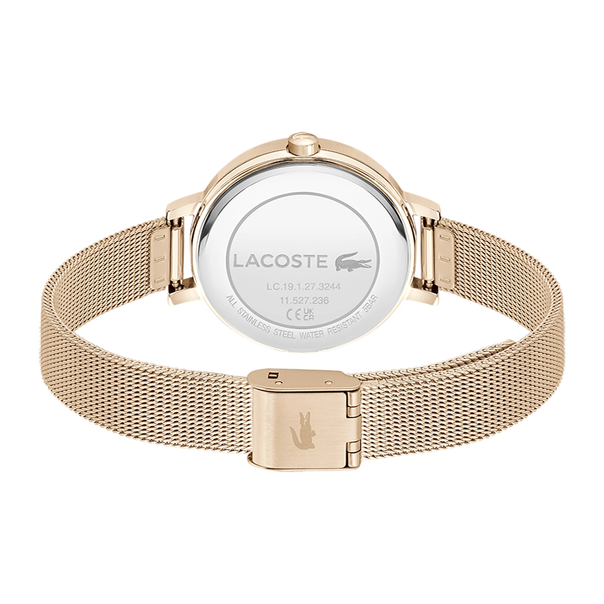 Reloj Lacoste análogo, para Dama, tablero redondo colores plateado y rosa, estilo puntos, pulso acero color rosa