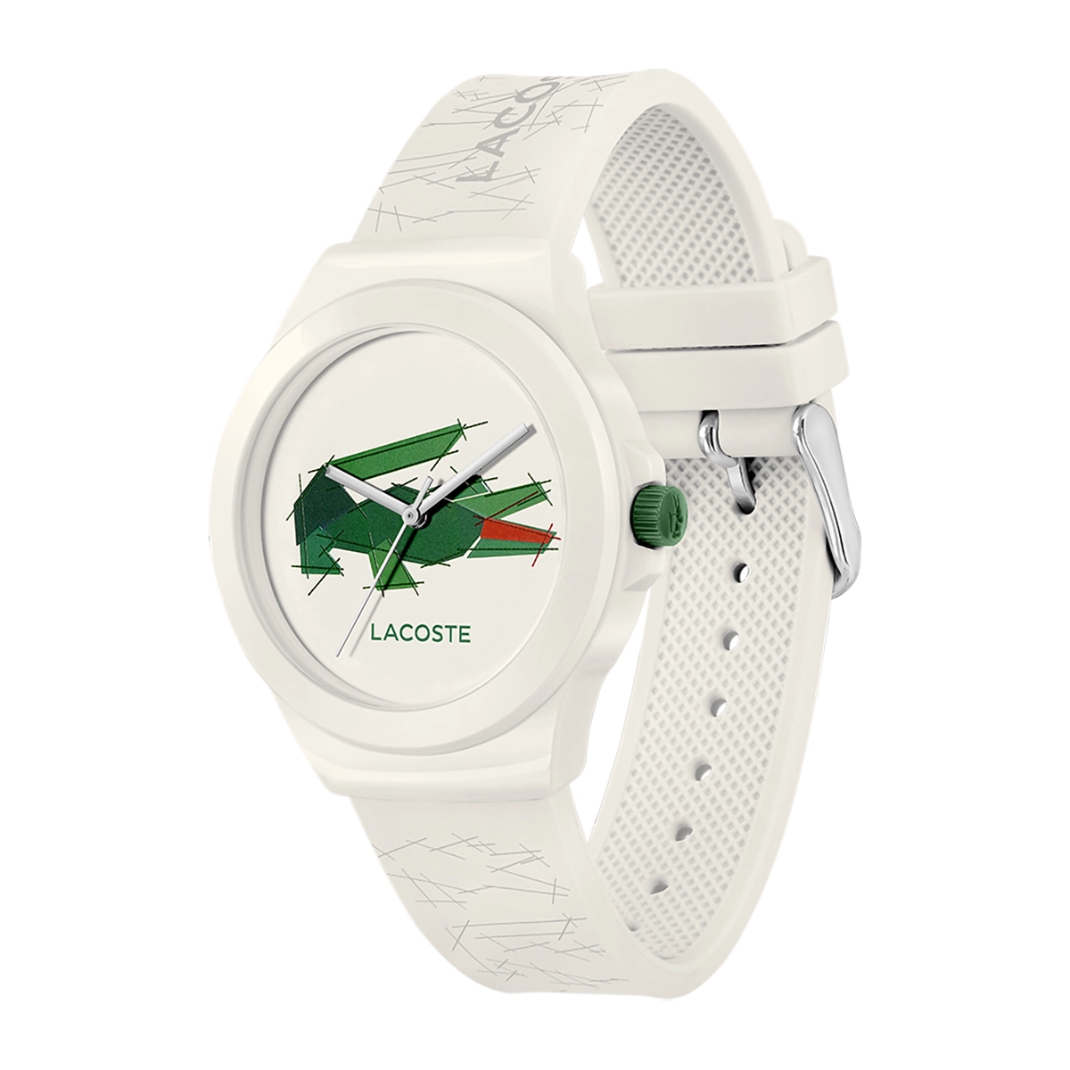 Reloj Lacoste analogo, Unisex, tablero redondo colores beige y verde, estilo sin numeros, pulso silicona color beige