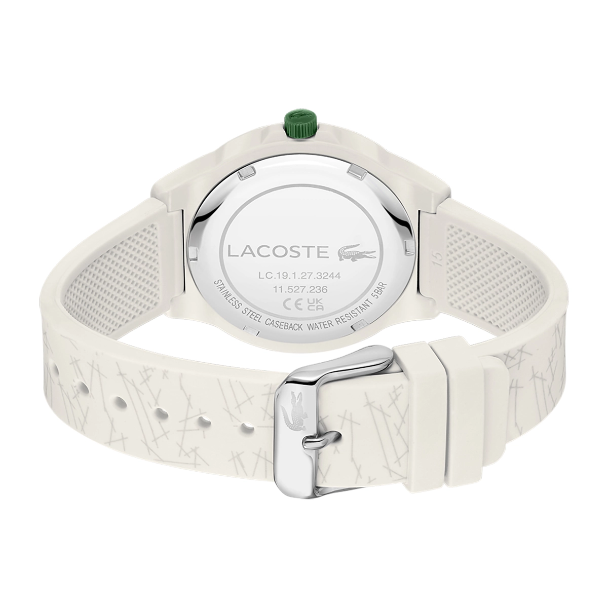 Reloj Lacoste analogo, Unisex, tablero redondo colores beige y verde, estilo sin numeros, pulso silicona color beige