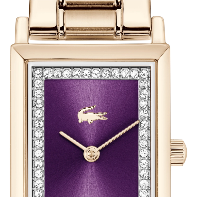 Reloj Lacoste analogo, para Dama, tablero rectangular color morado, estilo sin numeros, pulso acero color rosa