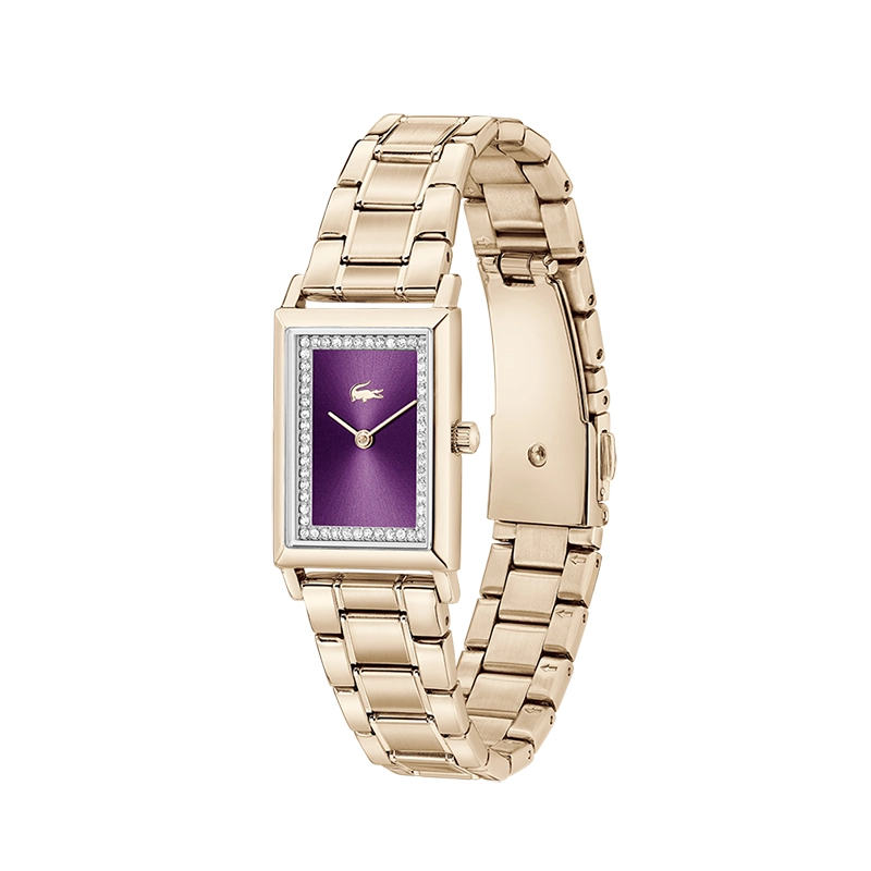 Reloj Lacoste analogo, para Dama, tablero rectangular color morado, estilo sin numeros, pulso acero color rosa