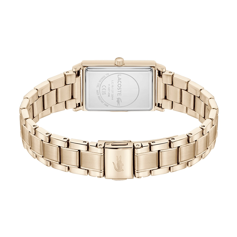 Reloj Lacoste analogo, para Dama, tablero rectangular color morado, estilo sin numeros, pulso acero color rosa