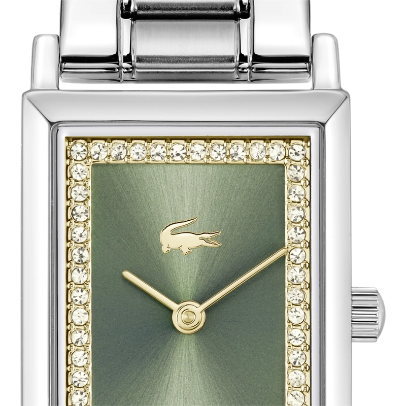 Reloj Lacoste analogo, para Dama, tablero rectangular colores verde y dorado, estilo sin numeros, pulso acero color plateado
