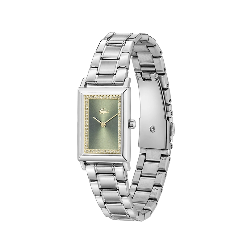 Reloj Lacoste analogo, para Dama, tablero rectangular colores verde y dorado, estilo sin numeros, pulso acero color plateado