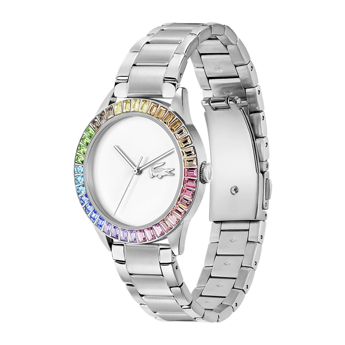 Reloj Lacoste analogo, para Dama, tablero redondo color blanco, estilo sin numeros, pulso acero color plateado