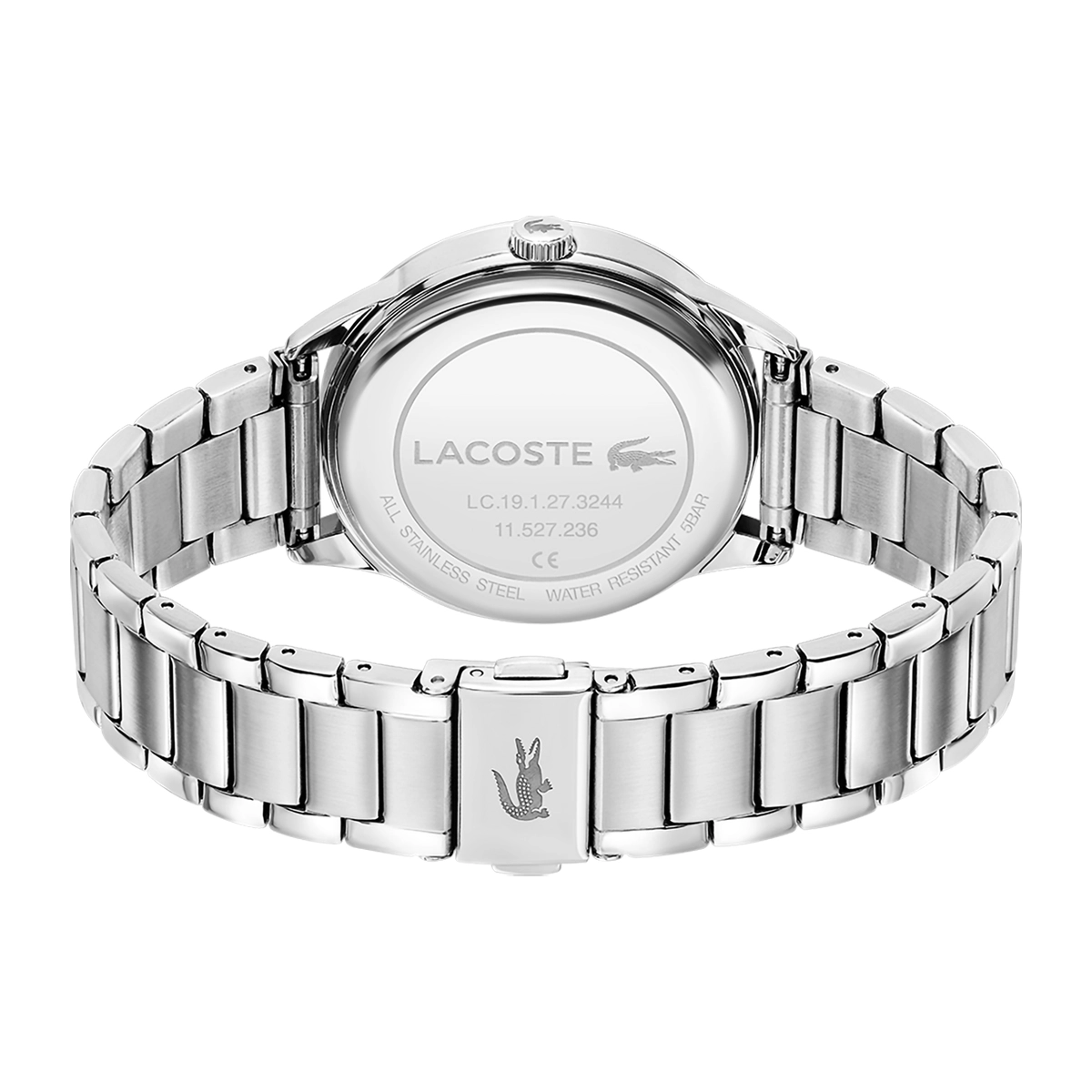 Reloj Lacoste analogo, para Dama, tablero redondo color blanco, estilo sin numeros, pulso acero color plateado