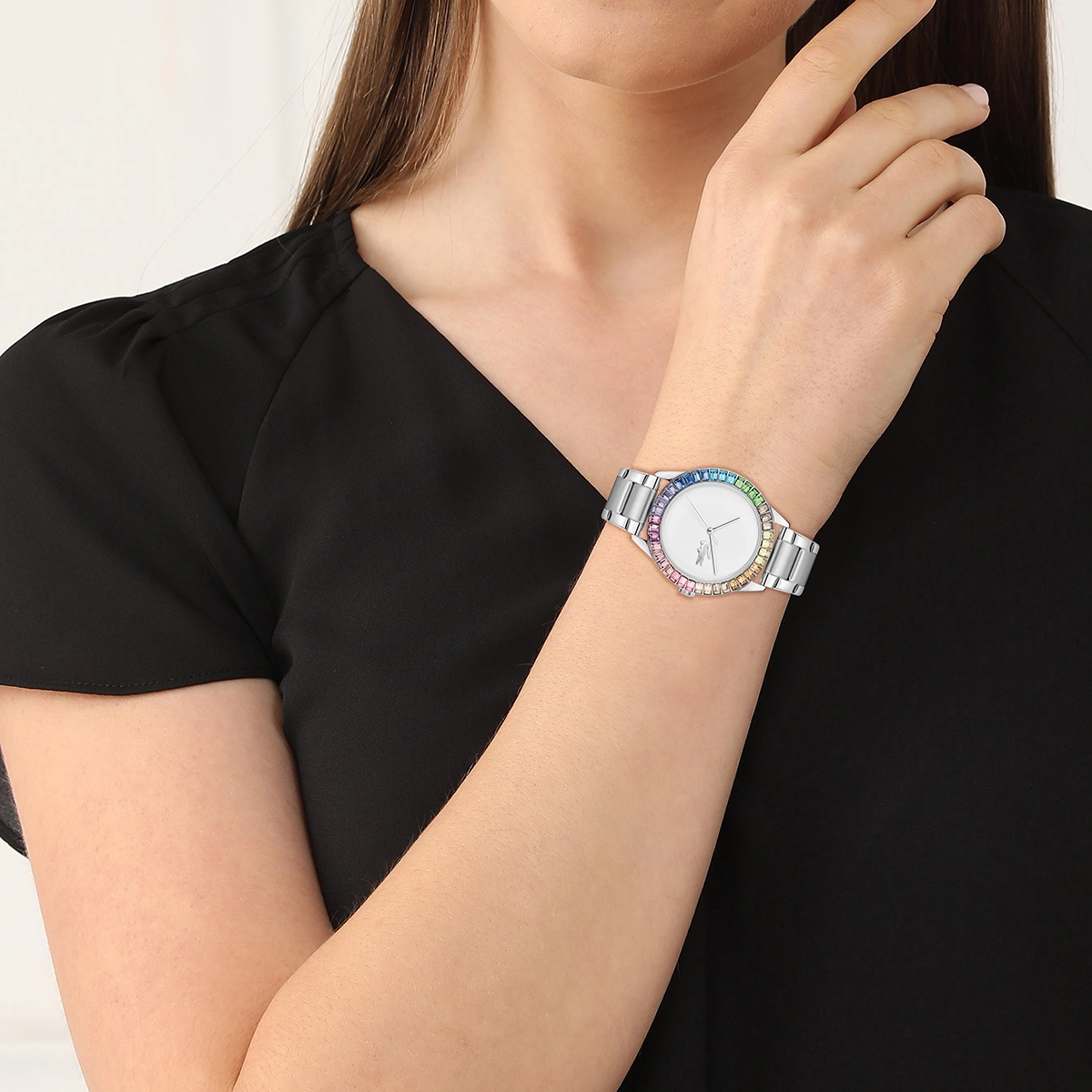 Reloj Lacoste analogo, para Dama, tablero redondo color blanco, estilo sin numeros, pulso acero color plateado