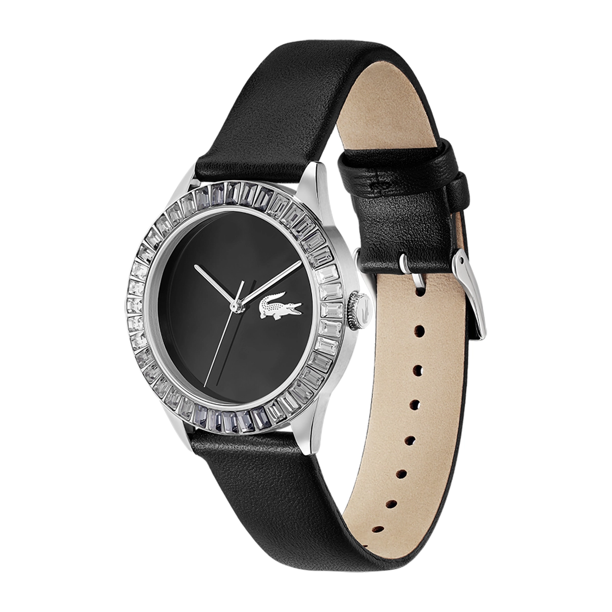 Reloj Lacoste analogo, para Dama, tablero redondo color negro, estilo sin numeros, pulso cuero color negro
