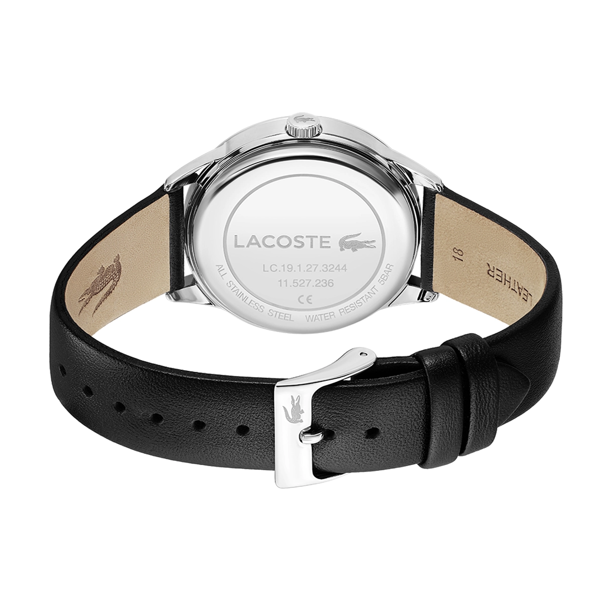 Reloj Lacoste analogo, para Dama, tablero redondo color negro, estilo sin numeros, pulso cuero color negro