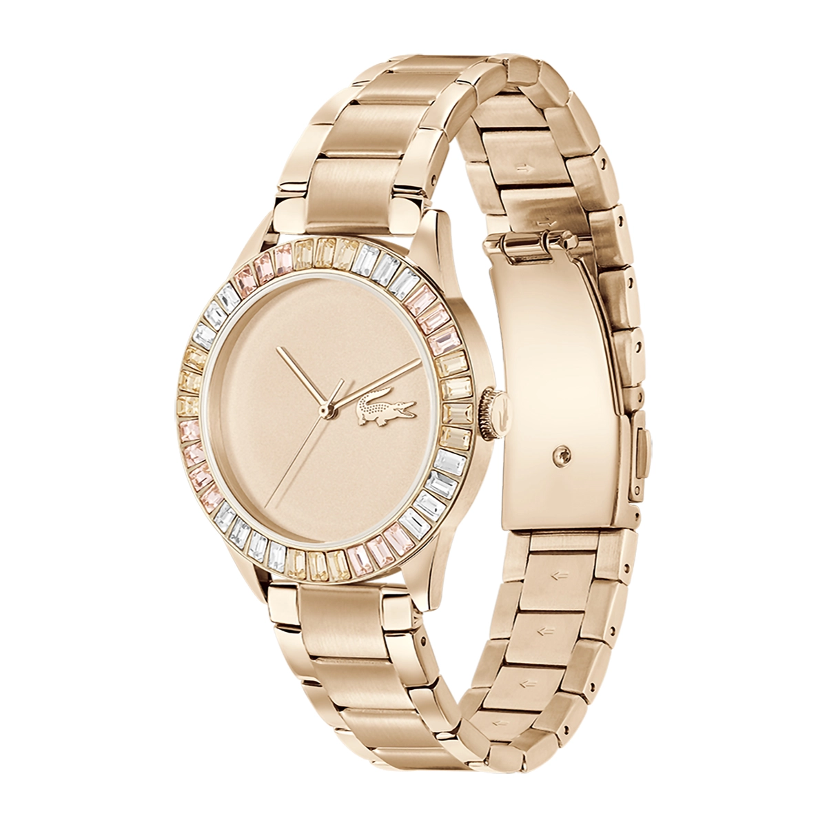 Reloj Lacoste analogo, para Dama, tablero redondo color rosa, estilo sin numeros, pulso acero color rosa