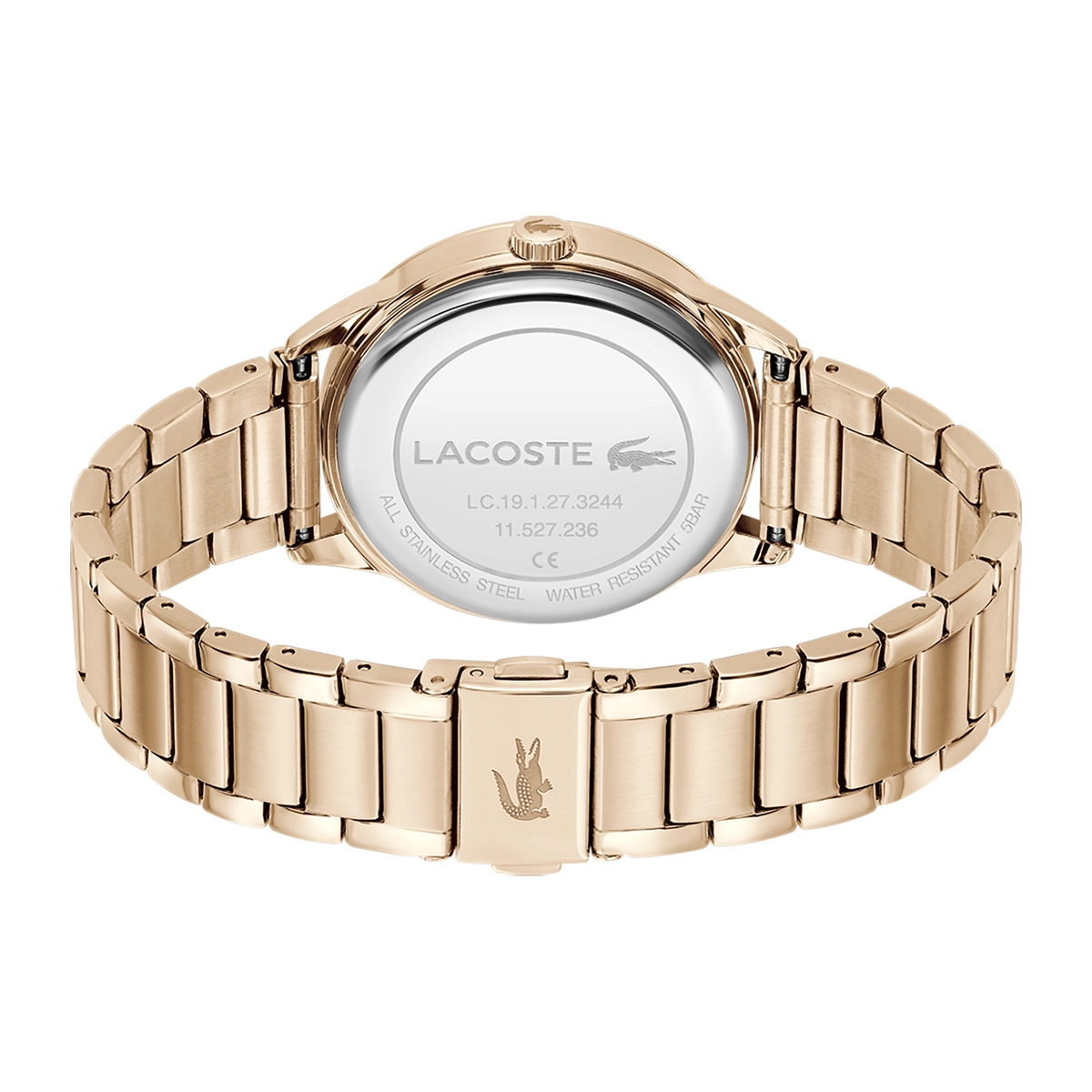 Reloj Lacoste analogo, para Dama, tablero redondo color rosa, estilo sin numeros, pulso acero color rosa